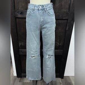 SHEIN Light Blue Distressed High-rise Wide-leg Jeans
